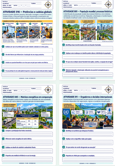 Exemplos de atividades do 8º e 9º ano — potências e cadeias globais, população mundial, matrizes energéticas e organismos internacionais