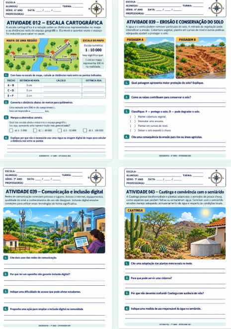 Exemplos de atividades do 6º e 7º ano — escala cartográfica, erosão do solo, comunicação e inclusão digital e caatinga